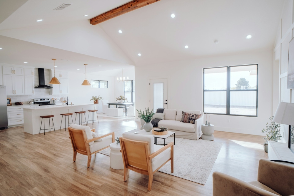 Clean white open kitchen and Livingroom