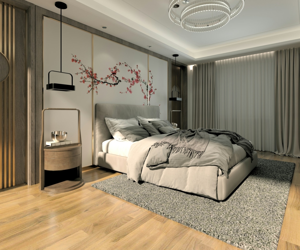 Bedroom with cherry blossoms on the wall