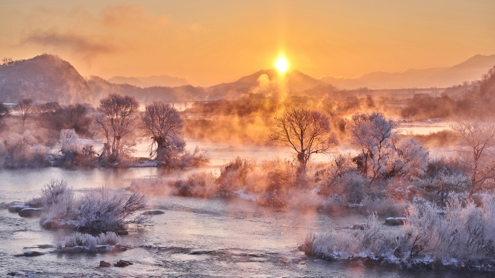 sunrise view of hoarfrost on the tree with water fog on Namhan River in winter at Mokgye-ri near Chungju-si, South Korea