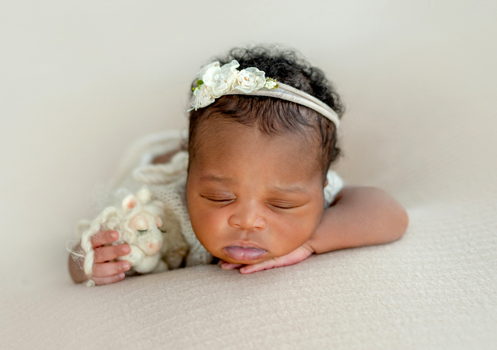 newborn girl with plush sheep