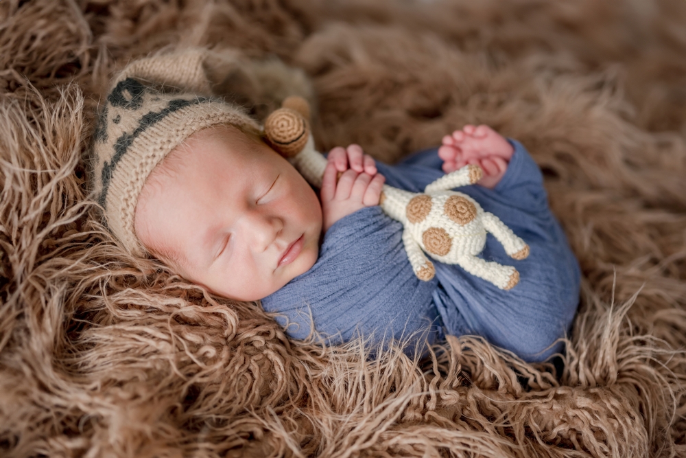 Newborn baby holding a giraffe toy