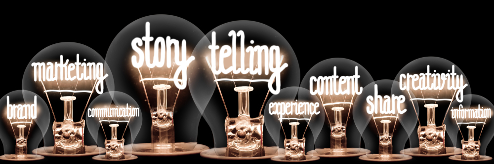 Photo of light bulbs with shining fibers in shapes of Story Telling, Marketing, Content and Creativity