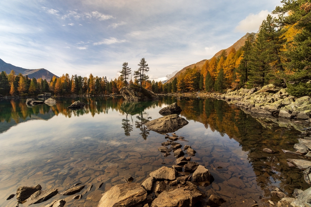  lake with a autumn forest reflected in the water