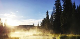 Misty reflection in a still lake