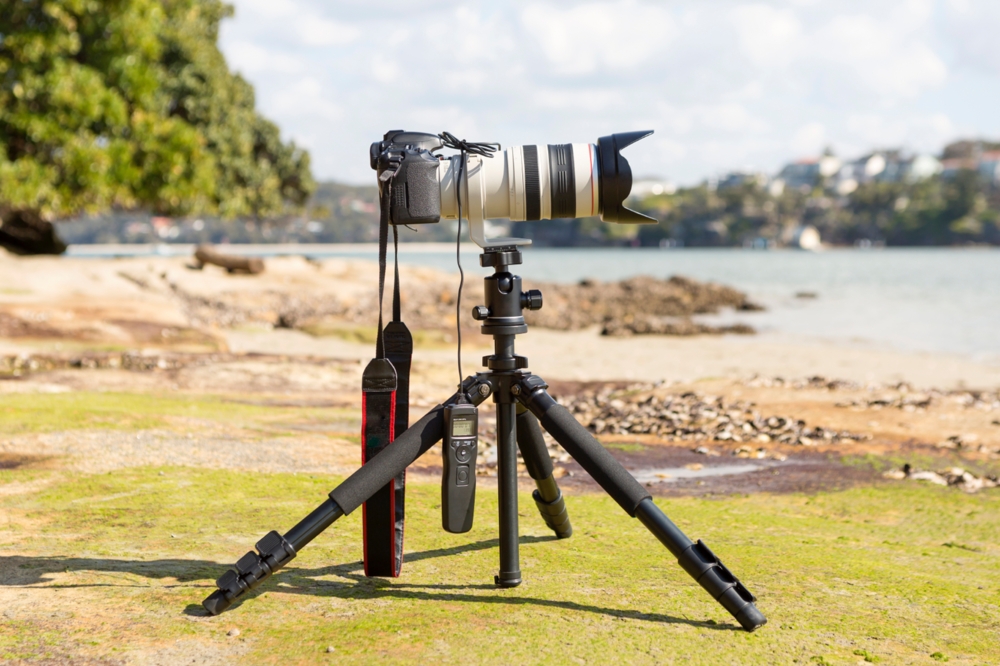 Camera on a tripod with a telephoto lens