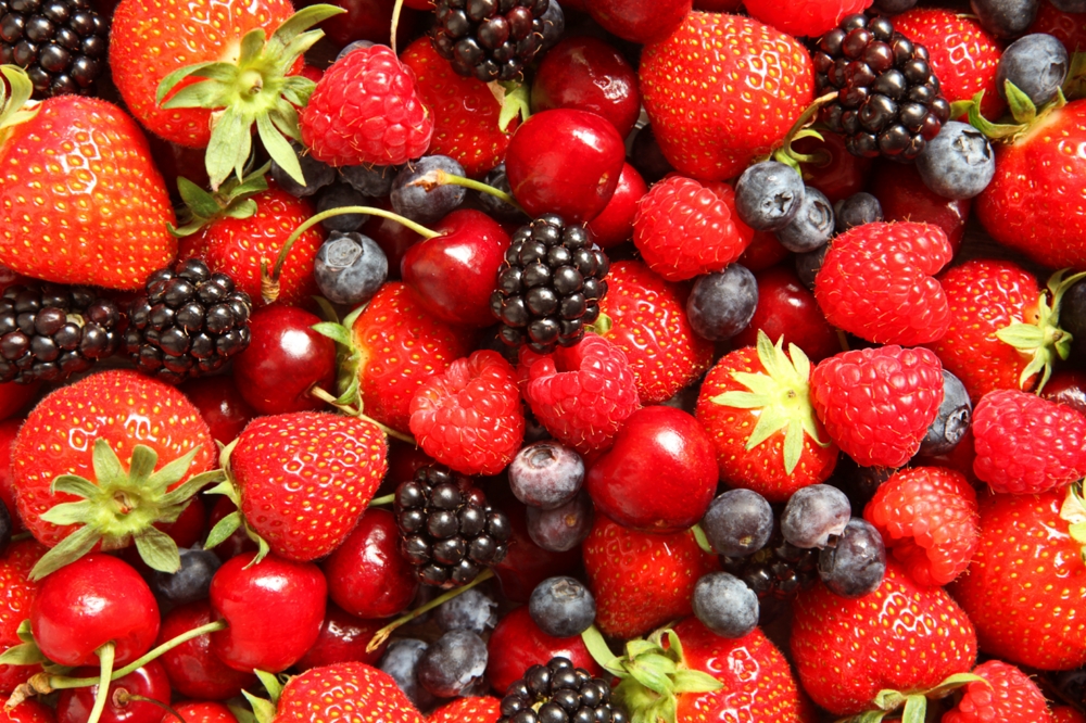 Strawberris, cherries, raspberries, blackberries, and blueberries