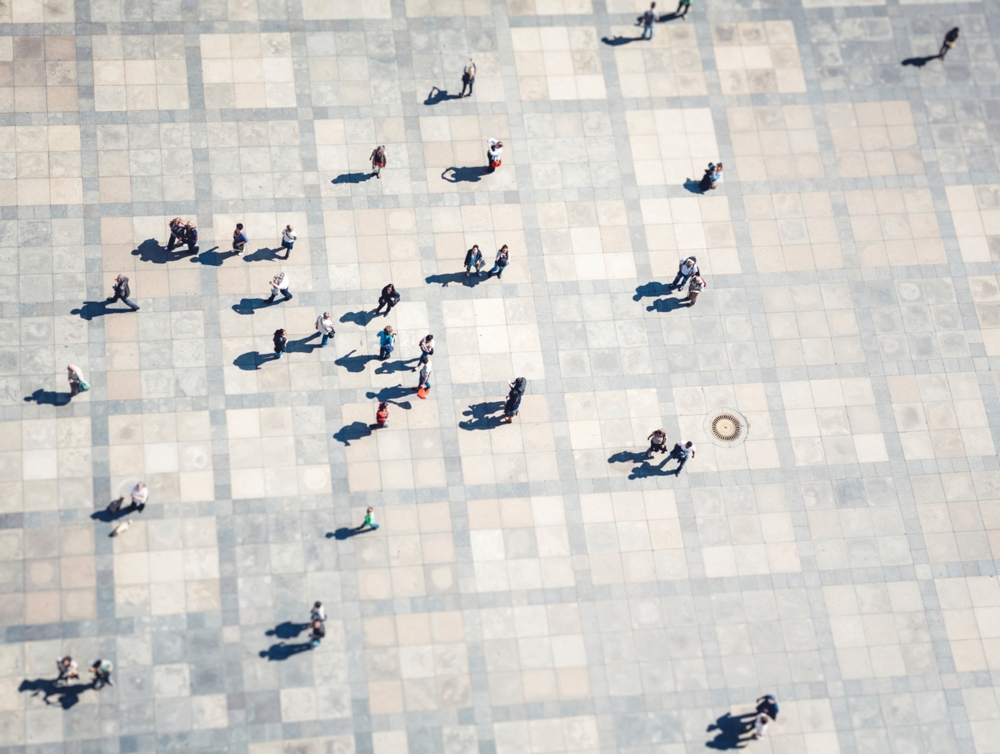 Birds eye view of people in a plaza