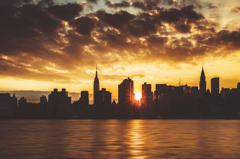 City skyline at sunset