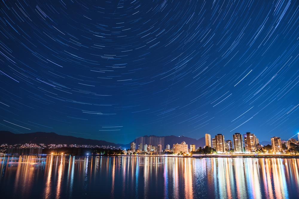 City at night with star trails