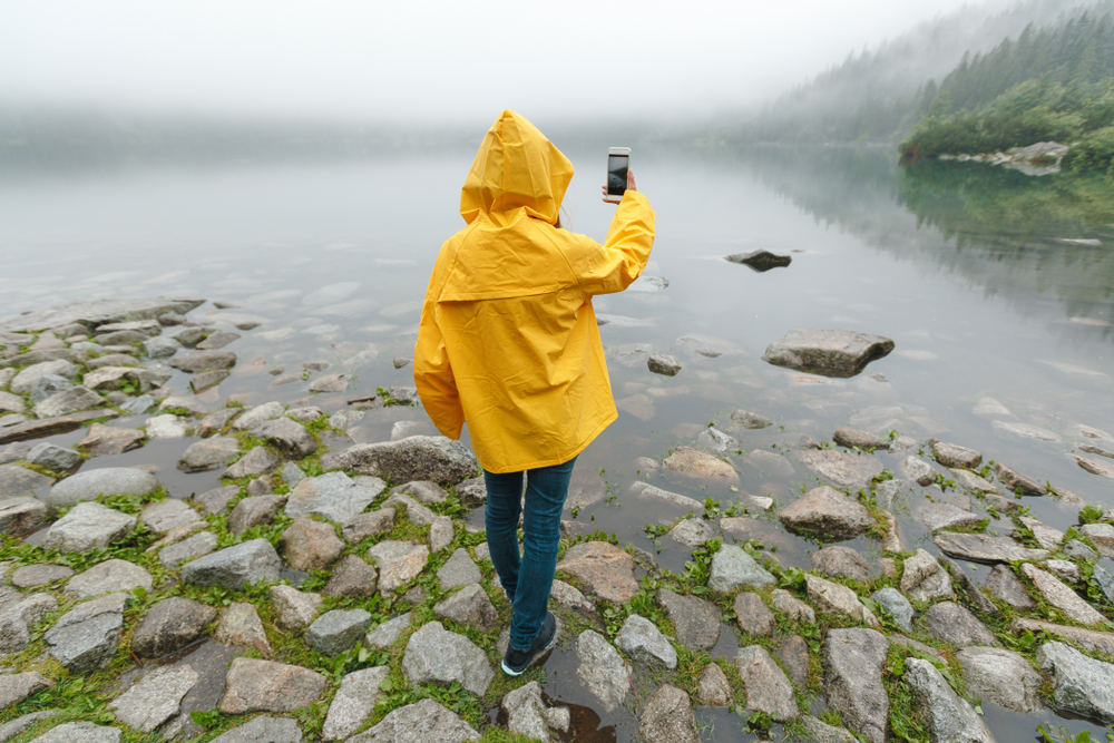 person in yellow jacket using smartphone to photograph rainy scene