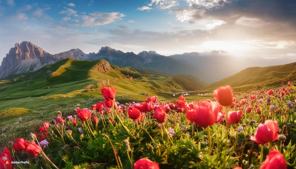 beautiful mountain scene with flowers