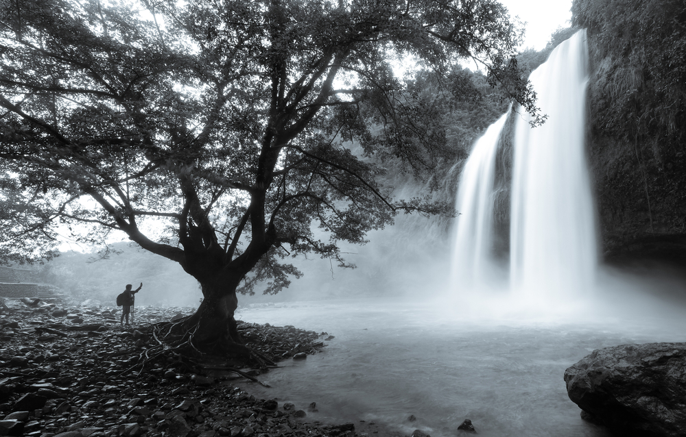 black and white waterfall grainy