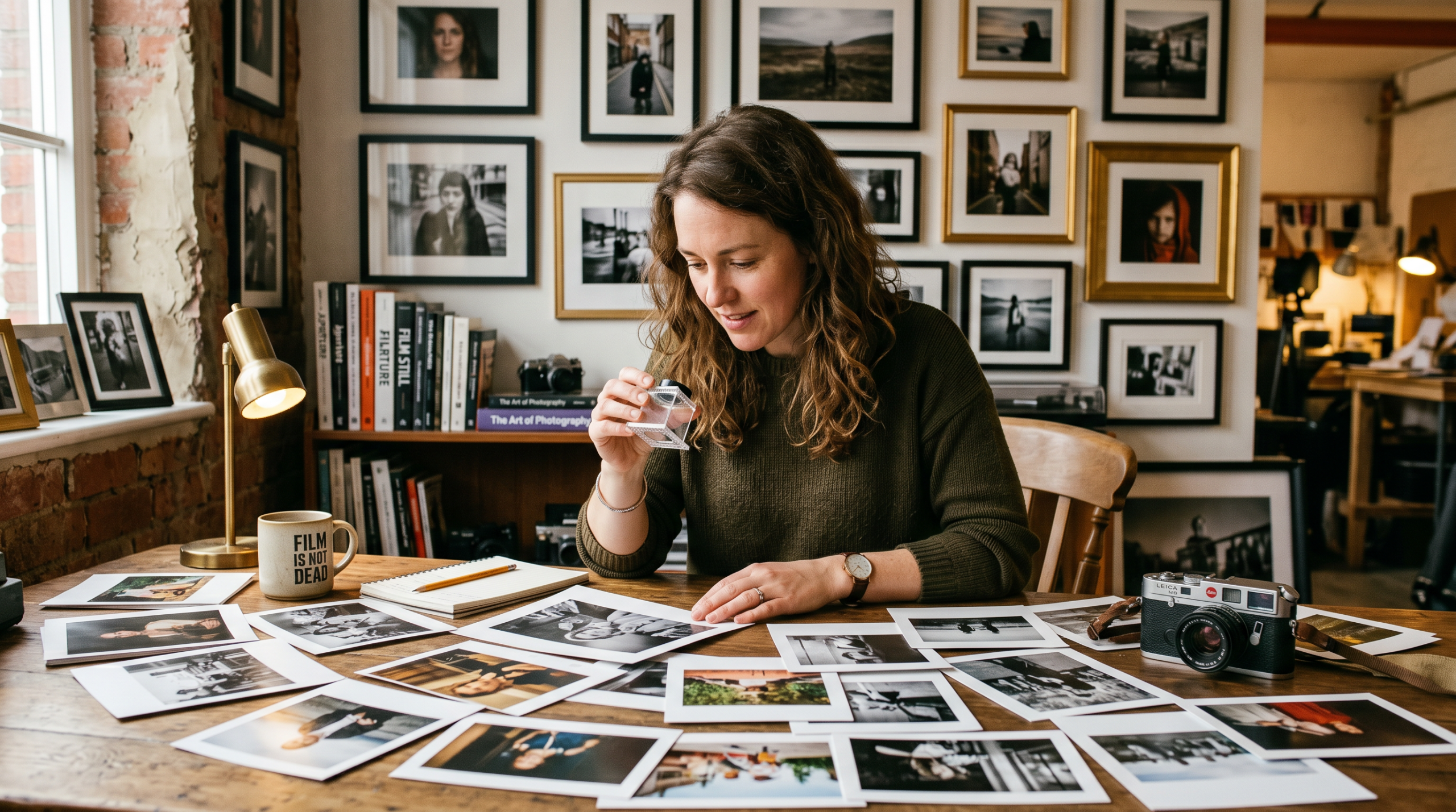Professional photographer reviewing printed nude photography work
